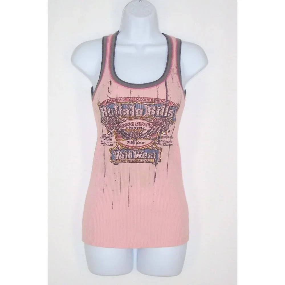 Skinny Minnie Tank Top M Buffalo Bills Rough Riders Pink Ribbed Dirty Wash - Picture 1 of 6